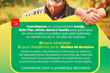 A Secretaria Municipal de Meio Ambiente, Recursos Hídricos e Pesca convida as comunidades Inveja, Bela-Flor, Alívio, Barra e Tourão para uma audiência pública.