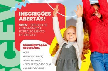A Secretaria Municipal do Trabalho, Habitação e Assistência Social, por meio do CRAS (Centro de Referência de Assistência Social), informa que estão abertas as inscrições para o Serviço de Convivência e Fortalecimento de Vínculos, destinado a crianças, ad