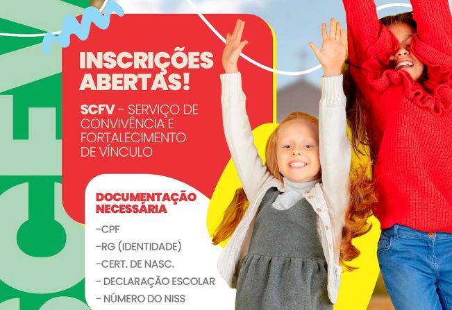 A Secretaria Municipal do Trabalho, Habitação e Assistência Social, por meio do CRAS (Centro de Referência de Assistência Social), informa que estão abertas as inscrições para o Serviço de Convivência e Fortalecimento de Vínculos, destinado a crianças, ad